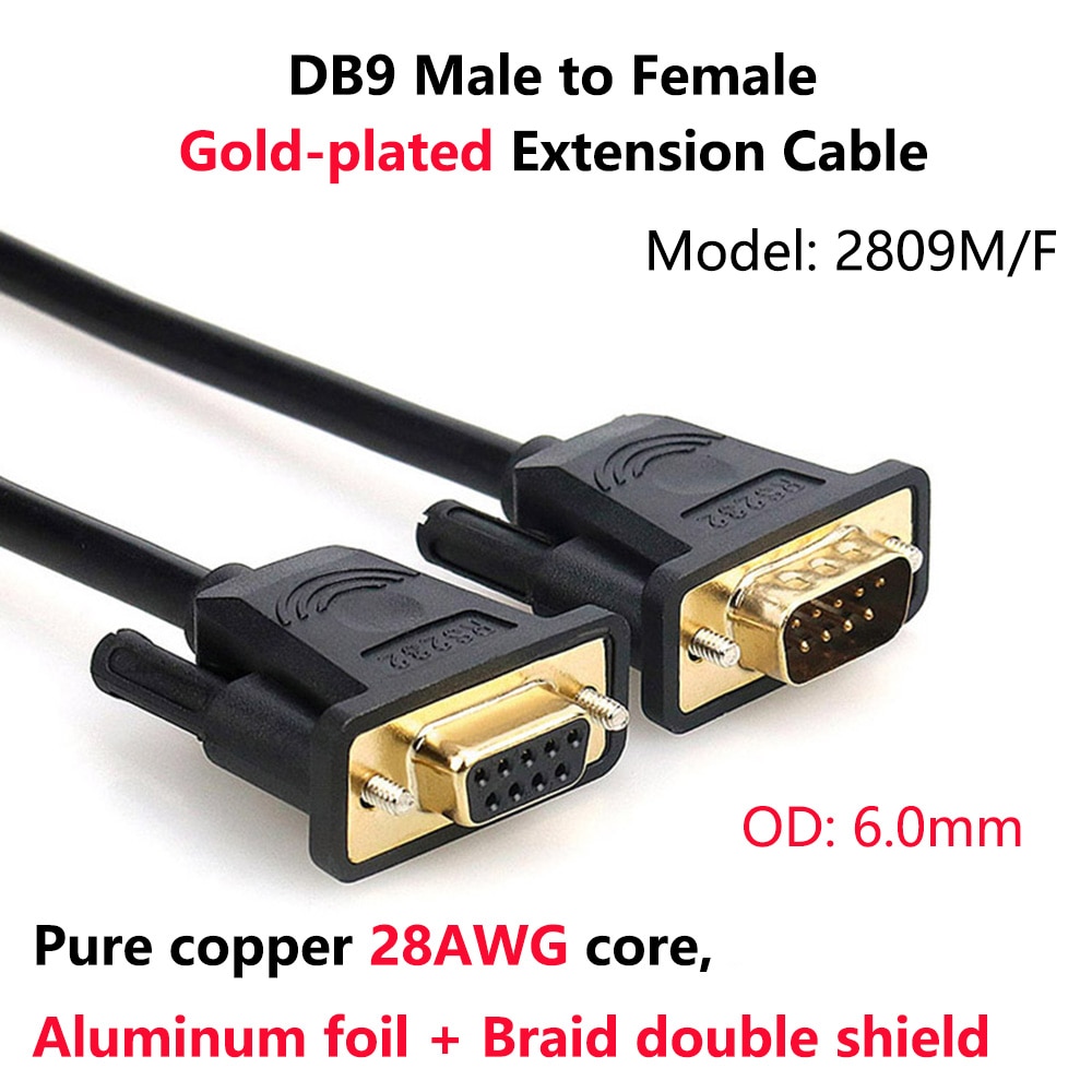 DB9 Man-vrouw Vergulde Verlengkabel Zuiver Koper Lijn RS232 9 Pin Seriële Connector Draad Com Core met Dubbele Schild