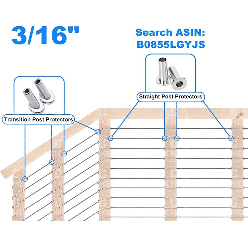 45 Degree Stainless Steel Angle Beveled Protector Sleeves Wood Post for 1/8,5/32,3/16inch Wire Rope Cable Railing