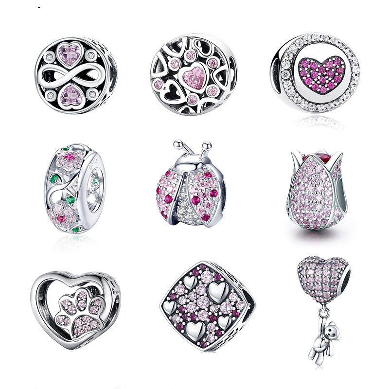 WOSTU autentico 100% argento Sterling 925 zircone rosa perline di cristallo fascino misura originale ciondolo braccialetto argento 925 creazione di gioielli