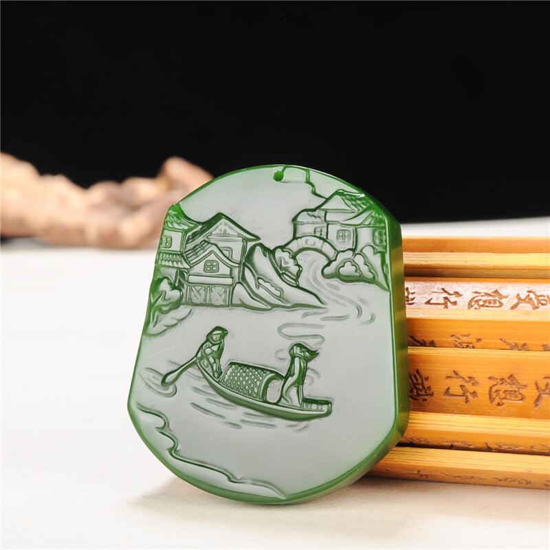 Chinese Natuurlijke Landschap Groene Jade Hanger Ketting Hand-Gesneden Charm Jadeïet Sieraden Mode Amulet Voor Mannen Vrouwen