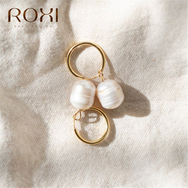 ROXI Freshwater Pearl Pendant Hoop Earrings for Women Gold Loop Circle Earrings Baroque Pearl Huggie Earring Trendy Jewelry