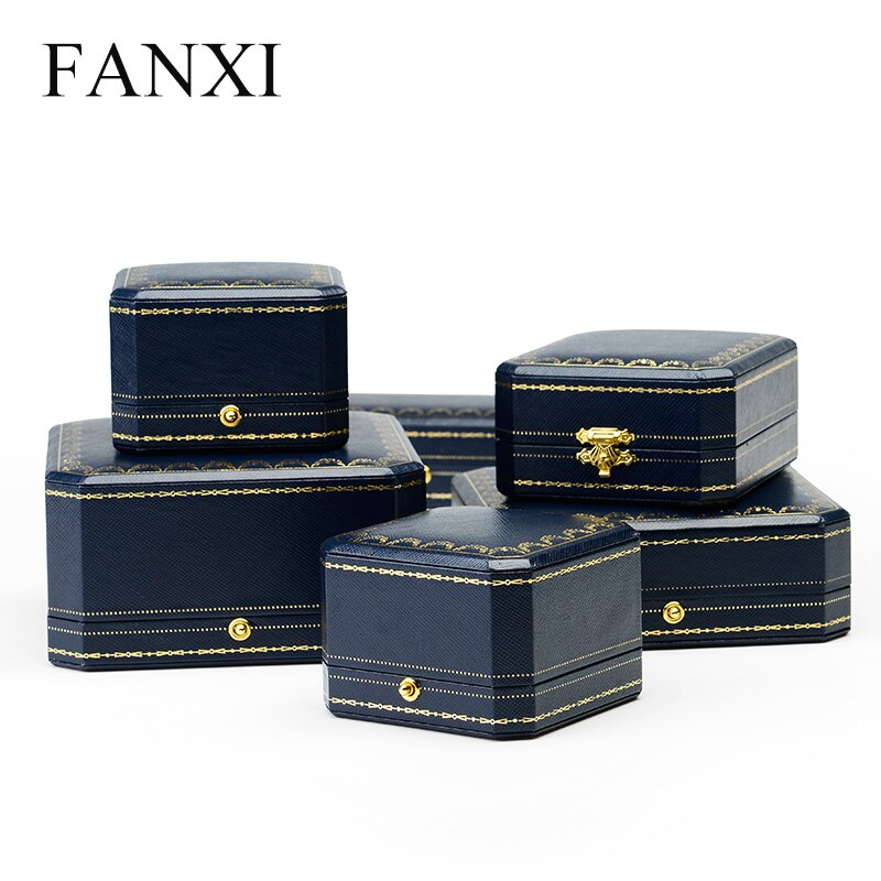 Fanxi Luxe Royal Blue Kunstleer Papier Grote Ketting Box Achthoekige Vorm Wit Leer Binnen Sieraden Doos Met Knop