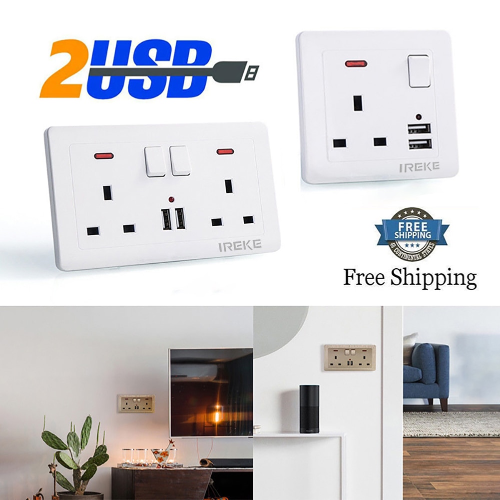 13A Double Wall UK Plug Socket 2 Gang Multifunctional Socket With USB Charger 2 Port Wall Outlets Flat Plate House Decoration