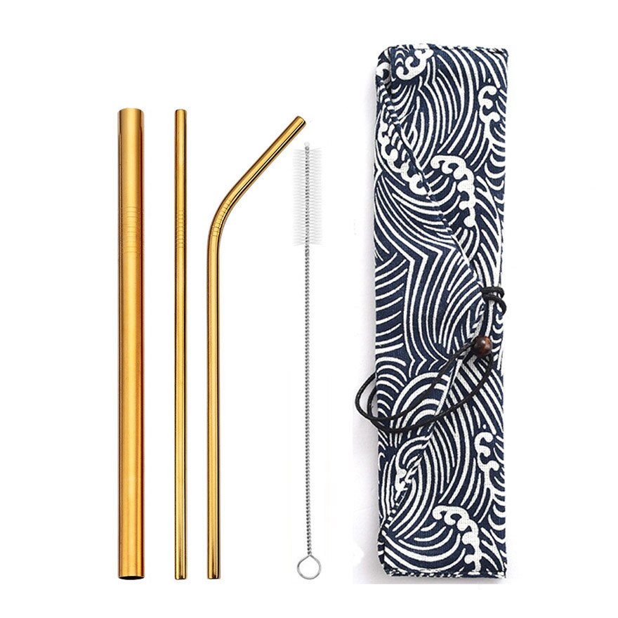 Reusable Metal Drinking Straws 304 Stainless Steel Straw Bent Straight Smoothies Straw with Cleaning Brush Bar Party Accessory: gold-bag1