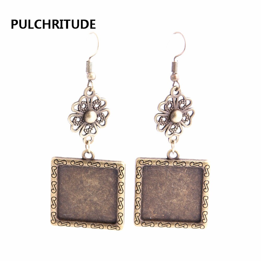 PULCHRITUDE 12pcs/lot Metal Alloy Zinc Flower Connector Fit Square 20mm Cabochon Set Pendant Earing Jewelry Making C0800
