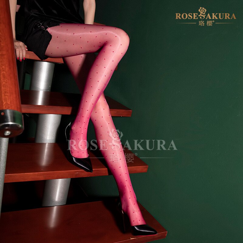 Closed Crotch oil Shine Silky Sexy Pantyhose Dot Pattern Summer Ultra Thin Greasy Seamless Nylon Tights 7371: 7371 rose