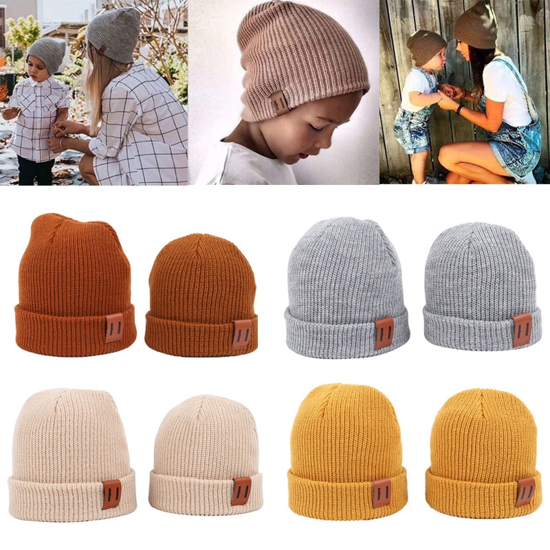 2PCS/LOT Mom Baby Hat for Boy Girl Knit Hat 8 Colors Solid Color Kids Beanie Cap for Adult Children Family Matching Caps