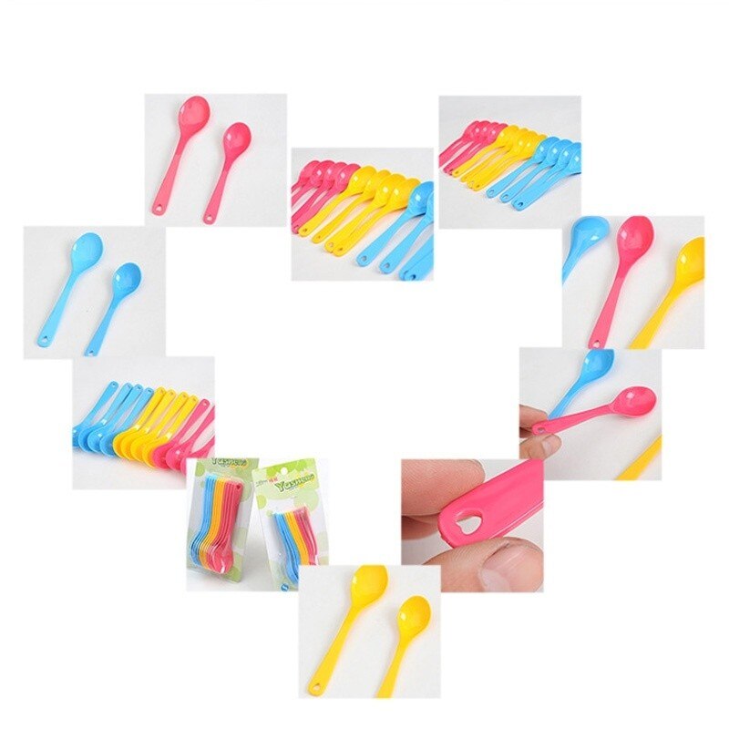 12pcs Safe Plastic Baby Feeding Spoons Lovely Baby Training Eating Kids Solid Ice Cream Coffee Spoon Set Kitchen Tableware