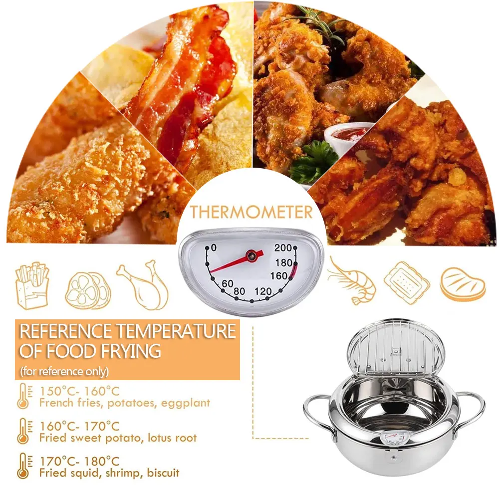 Japanse Friteuse Met Thermometer En Deksel 304 Rvs Keuken Tempura Friteuse Friteuse Friteuse Zonder Olie Koekenpan Friteuse