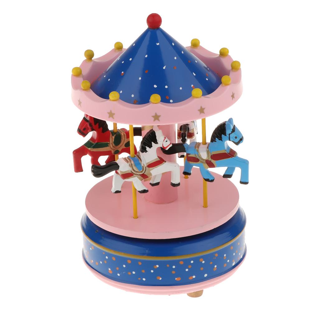 Bonita caja Musical de madera con carrusel giratorio con caballos pequeños, caja de música de cuerda para niños, adorables-Rosa/azul/rojo