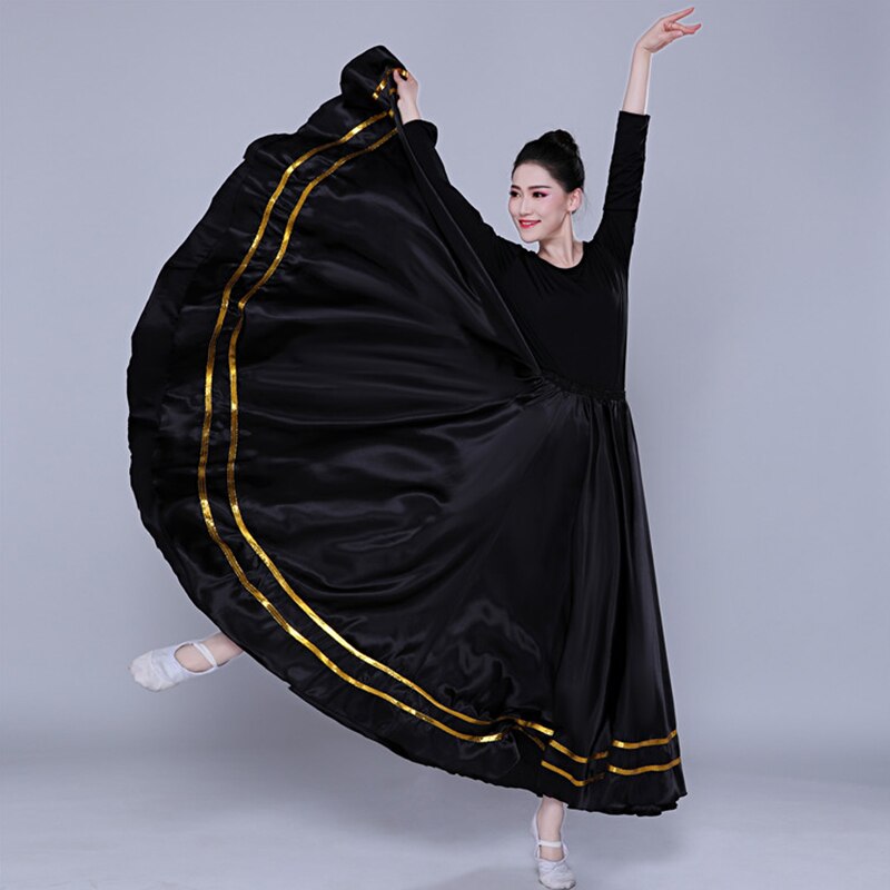 Svart traditionell spansk flamenco kjol zigenare kvinnor dans dräkt randig satäng slät stora gung kjolar mage kläder  dl5156