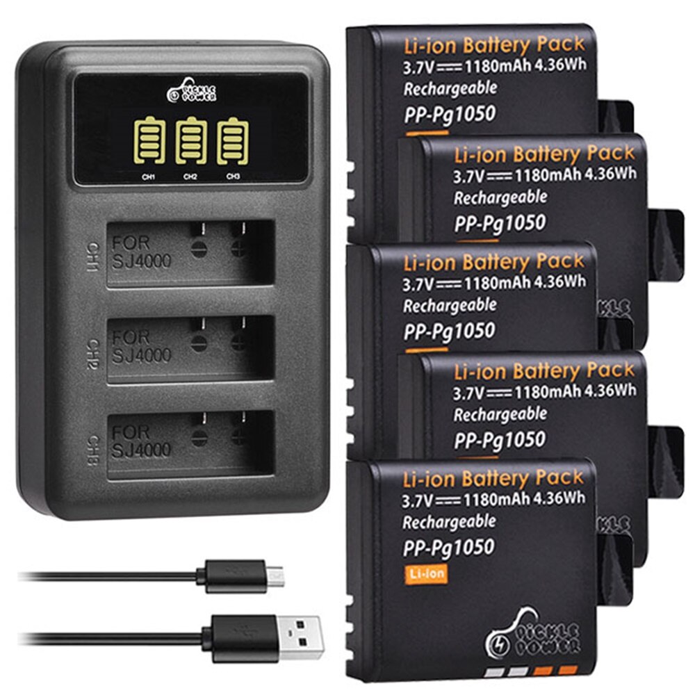 1180 mah  pg1050 batteri og 3 bærer ledet lader til sjcam  sj4000 wifi  sj5000 wifi pluss  m10 sj5000 pluss  sj6000 sj7000: 5 batterier 1 lader