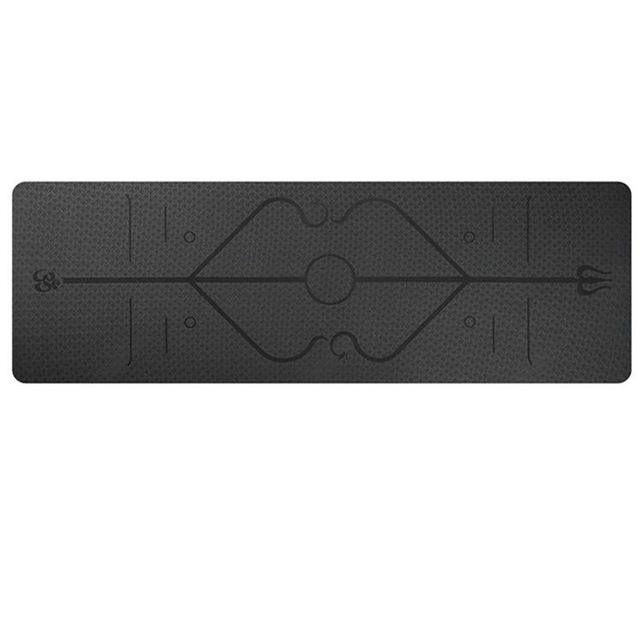 TPE Yoga Mat - 183x61x6mm - Position Line - Non-Slip - Beginner Fitness Pilates: Black