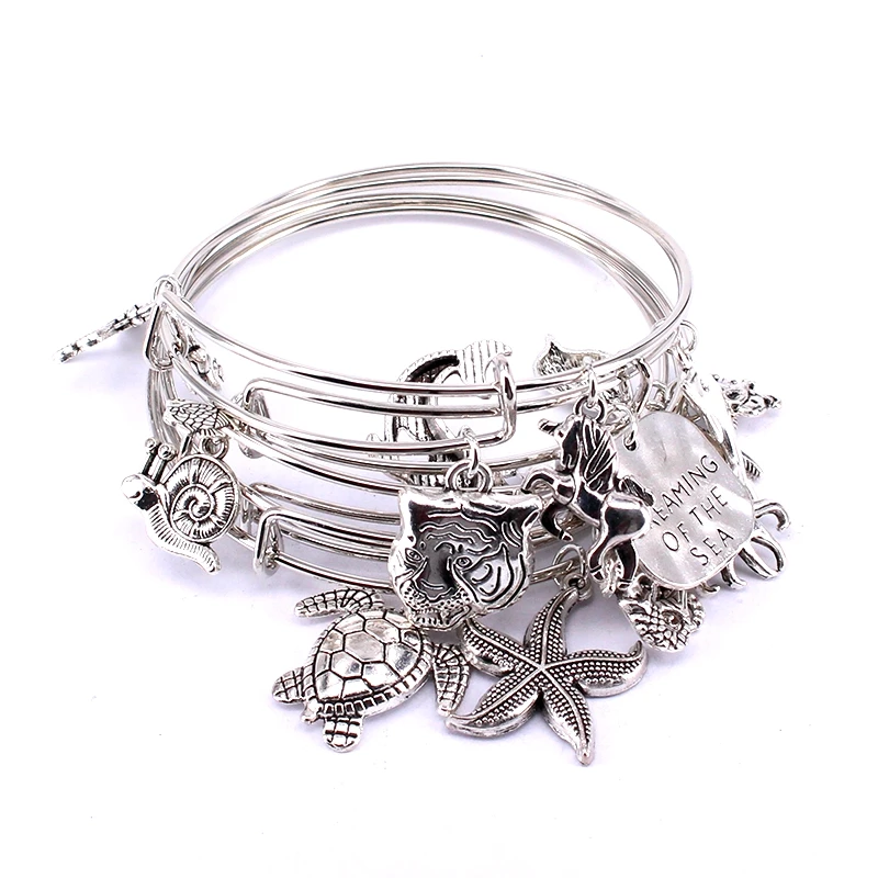 5 pçs conjunto de pulseiras de arame para mulheres meninas jewlery vida marinha mista estrela do mar golfinho turtle charme pulseiras c039: BANHADO EM PRATA