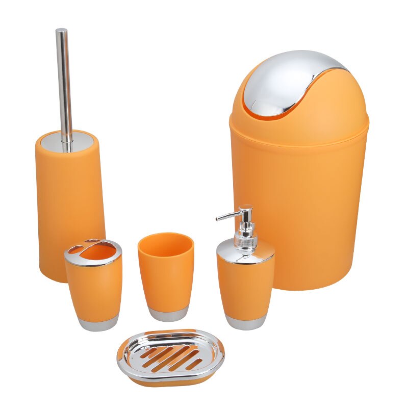 6 Stuks Badkamer Accessoires Set Tandenborstelhouder Cup Zeepdispenser Schotel Toiletborstel Prullenbak Plastic Tumbler Cup Washroom Tool: orange