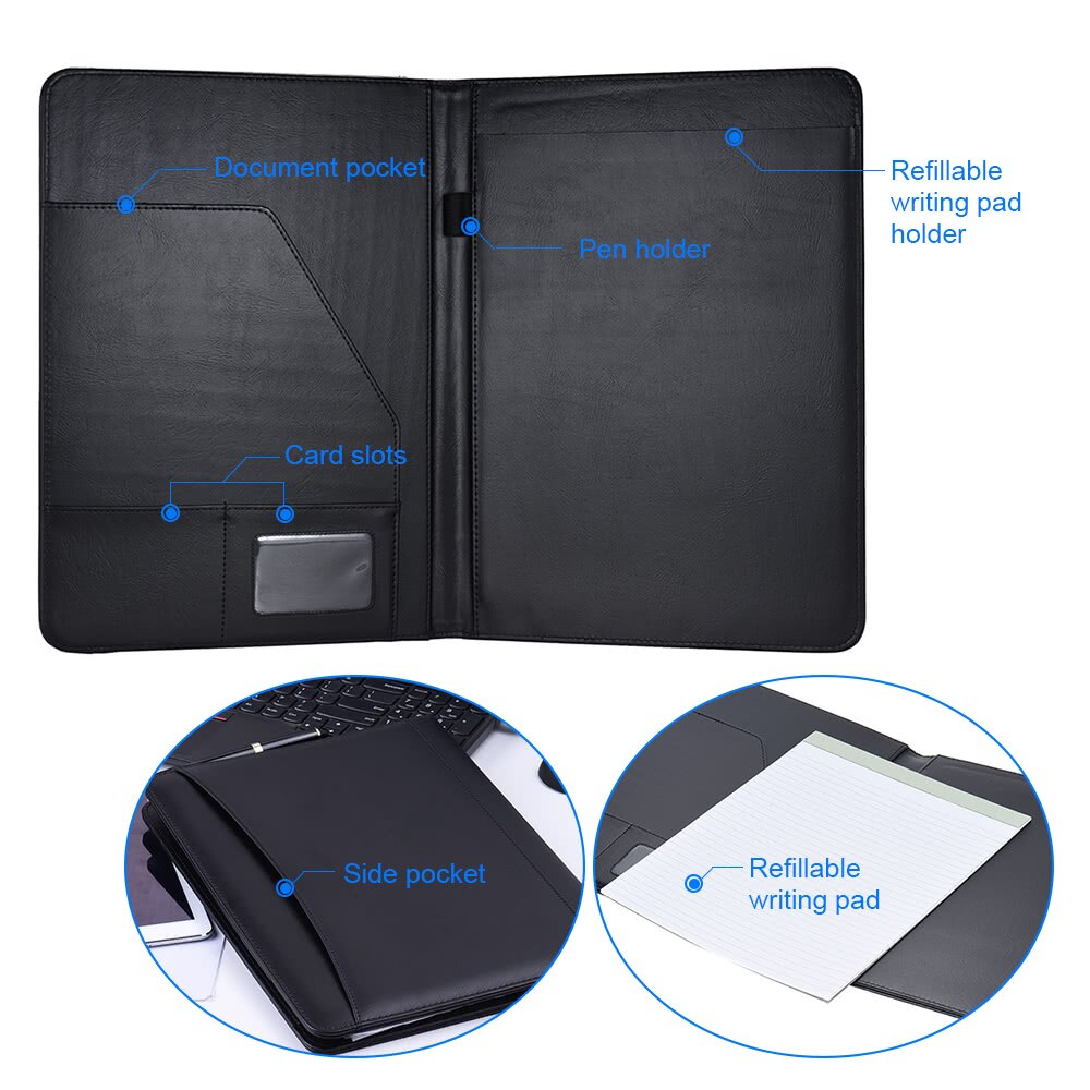 Multifunctional Business Portfolio Folder Document Case Organizer A4 PU Leather with Business Card Holder Memo Note Pad