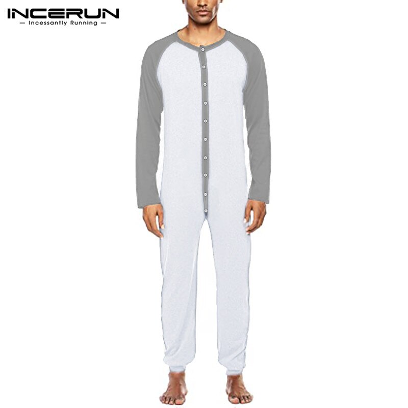 Man Long Sleeve O Neck Nightgown INCERUN Men Sleepwear Jumpsuits Leisure Patchwork Onesies Fitness Button Up Romper Homewear 5XL