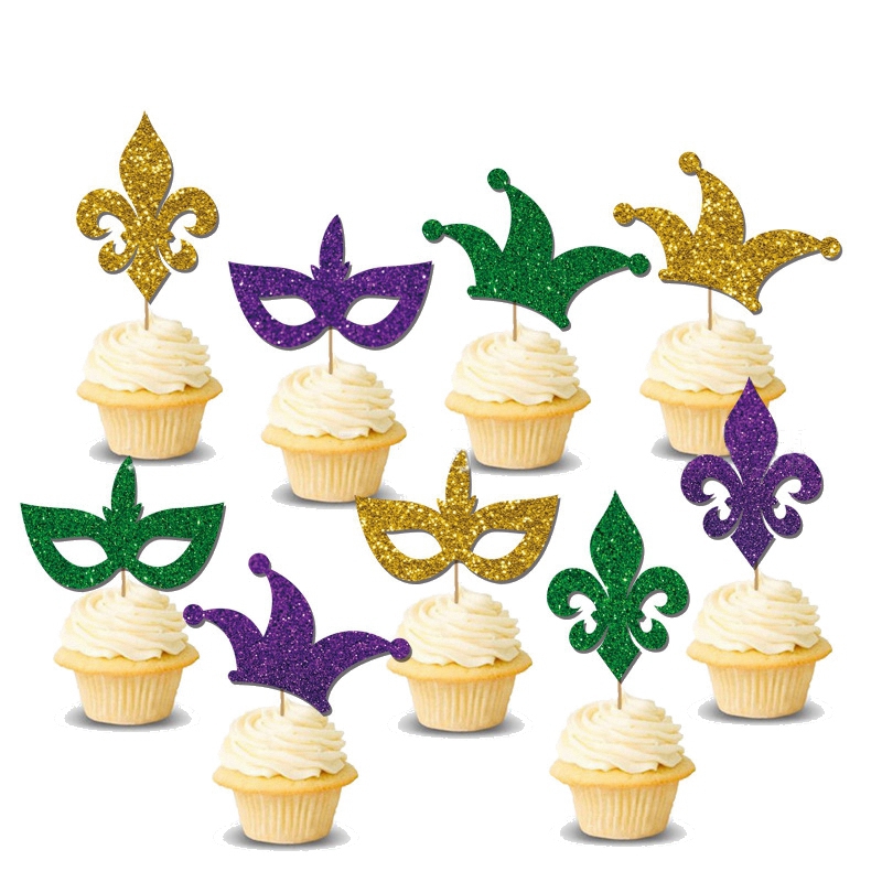 MARDI GRAS Carnival Theme Birthday Party Decoration Cake Topper Banner PVC Spiral Pendant Latex Balloon Supplies: 10pcs topper