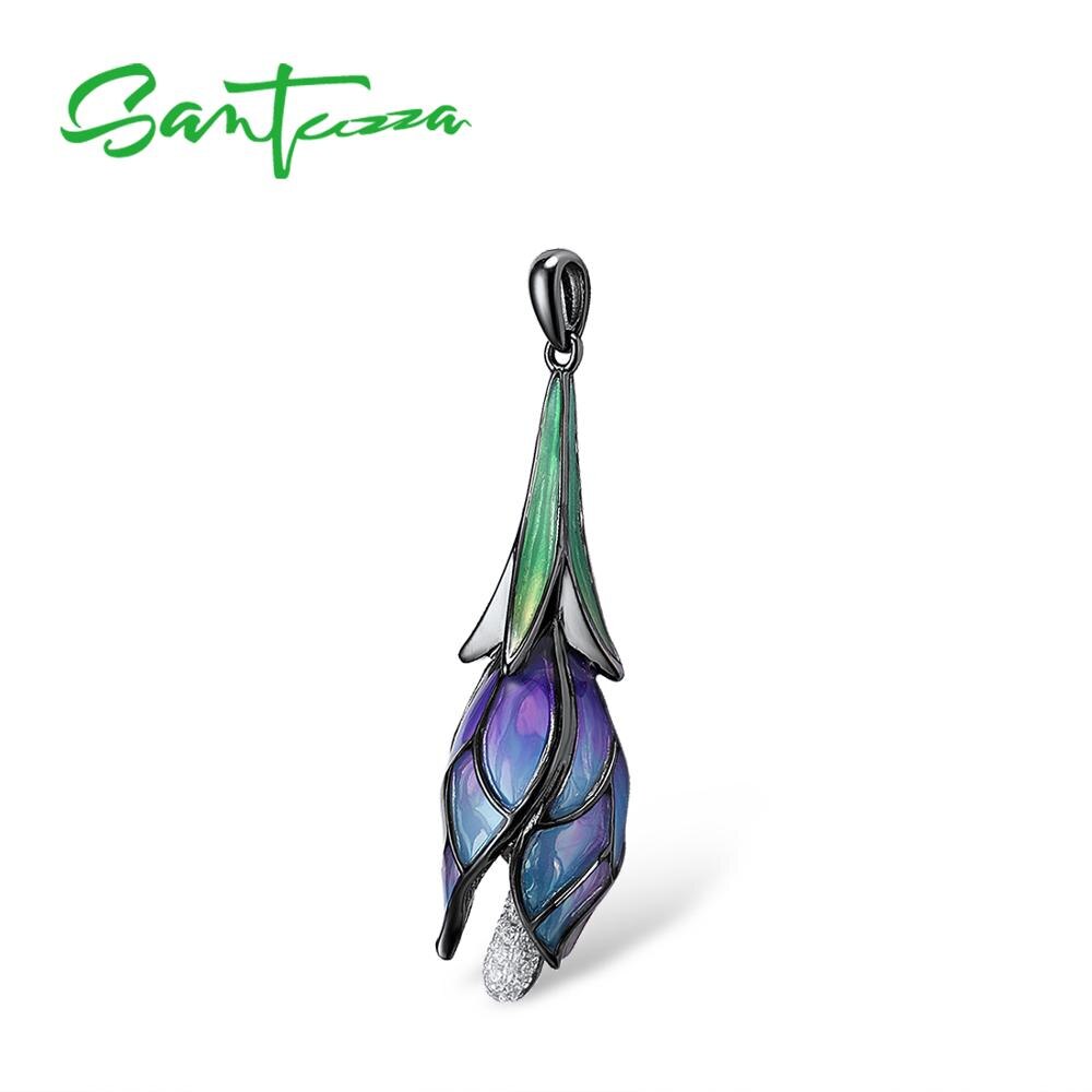 SANTUZZA Silber Anhänger für Frauen Reine 925 Sterling Silber Elegante Tropfen Lila Blume modisch schick Feine Schmuck HANDGEMACHTE Emaille