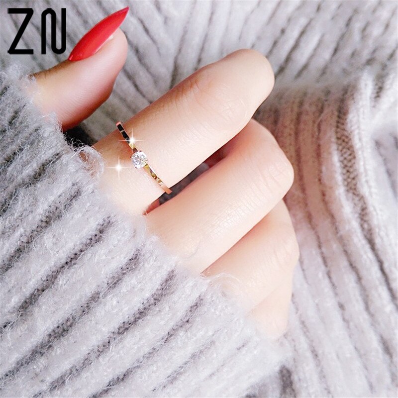 ZN Edelstahl Rose Gold Farbe Kleine Weiß Kristall Hochzeit Ring Minimalis Einzelne Zirkon Stapeln Dünne Ringe Für Frauen