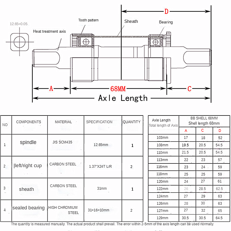 Vierkante Mountain Fiets Trapas 68*103 108 110 113 116 118 120 122 124 126 127Mm Road mtb Fiets Bb Sets As