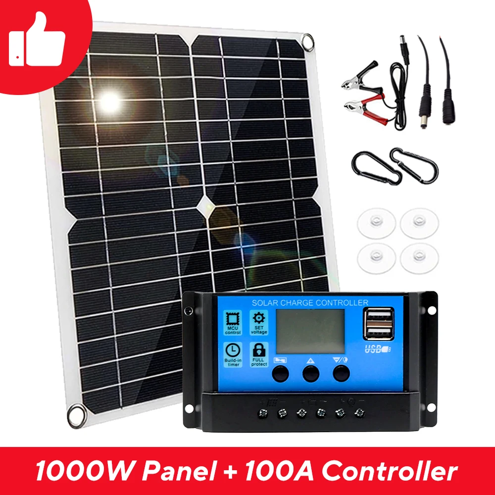 1000W Zonnepaneel 12V Zonnecel 10a-100a Controller Solar Plate Kit Voor Telefoon Rv Auto Caravan Home Camping Outdoor Batterij: WIT