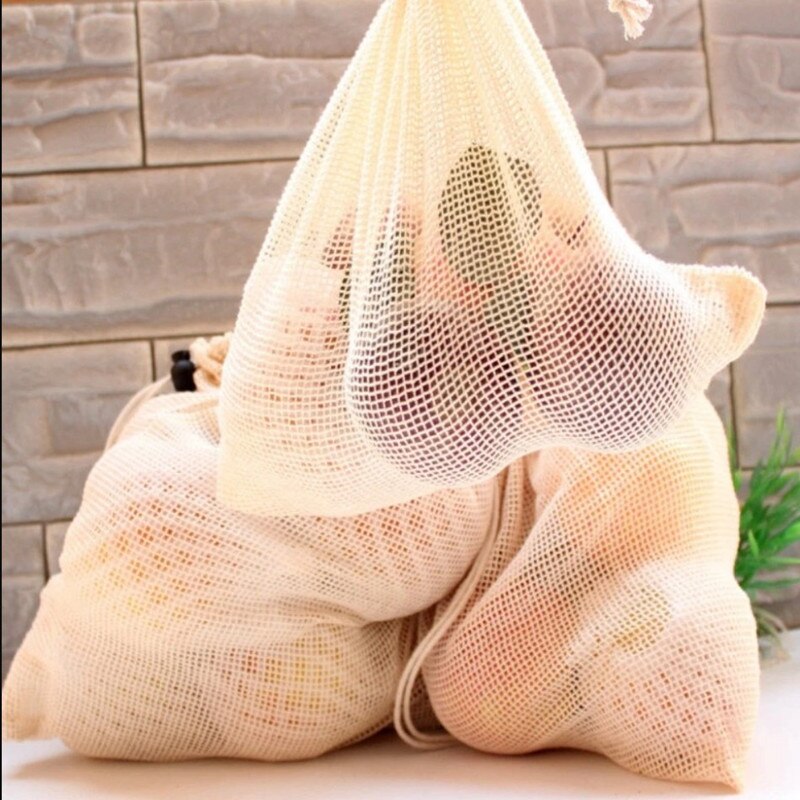 Cotton Mesh Vegetable Bags Produce Bag Reusable Cotton Mesh Vegetable Storage Bag Kitchen Fruit Vegetable with Drawstring