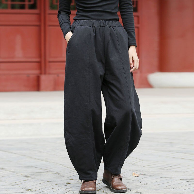 Johnature Cotton Linen Leisure Elastic Waist Warm Harem Pants Autumn Winter Loose Comfortable Women Full Length Pants