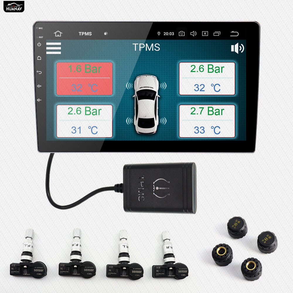 HUANAV USB Android TPMS Tire Pressure Monitoring System Display Alarm System 5V Internal Sensors Navigation Car Radio 4 Sensors