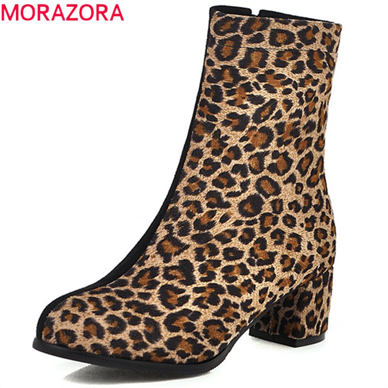 Morazora nieuwste dames enkellaarsjes met luipaardprint, ronde neus en ritssluiting, herfst/winter laarsjes met hoge hak en nette schoenen voor dames
