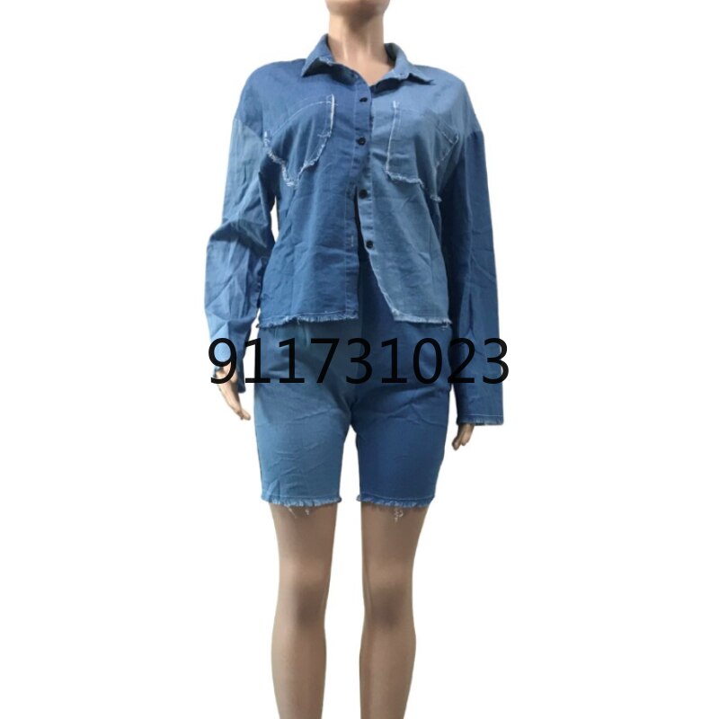 Sales High-end Denim Set Young Daily Free Sweet Solid Full Sleeve Group Knee Length Slim Women 2 Piece Set