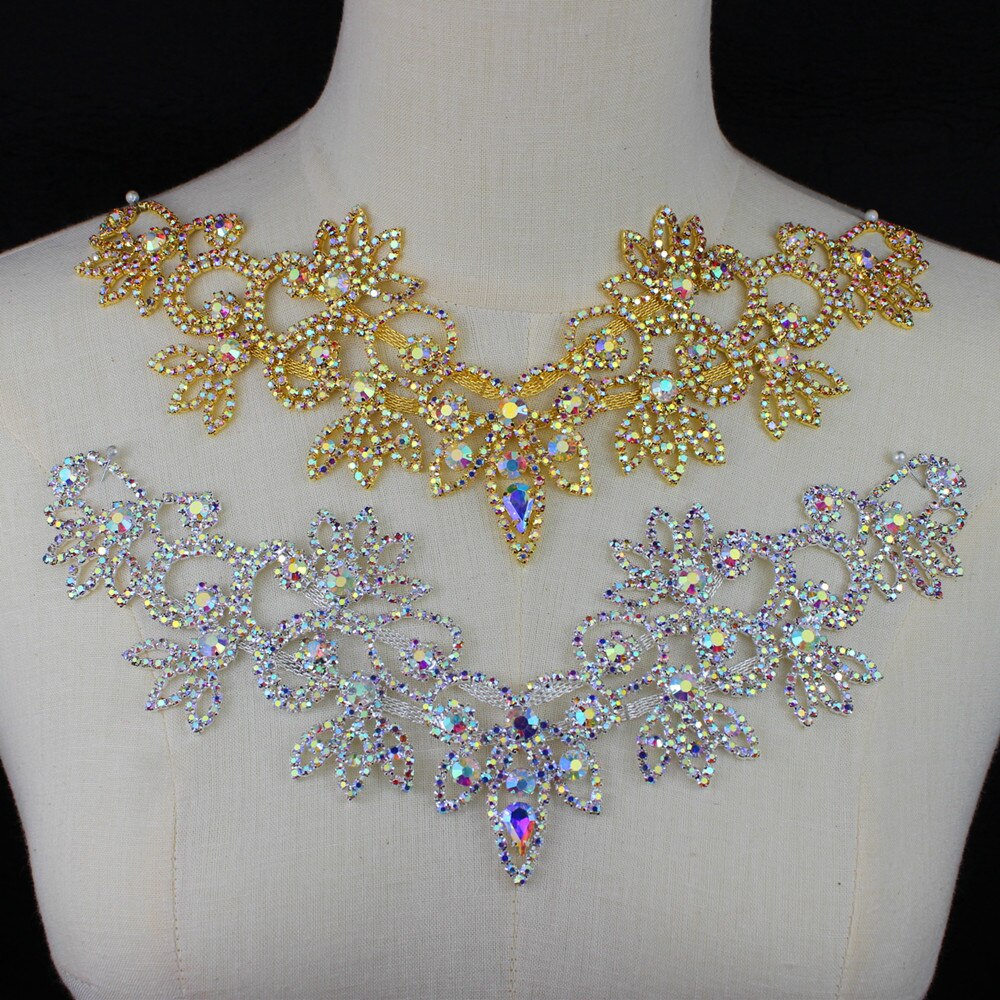Luxury Handmade Neckline AB Rhinestone Applique Fancy Clothes Flower Applique for Wedding Dress Headband Garter Garment Jewelry