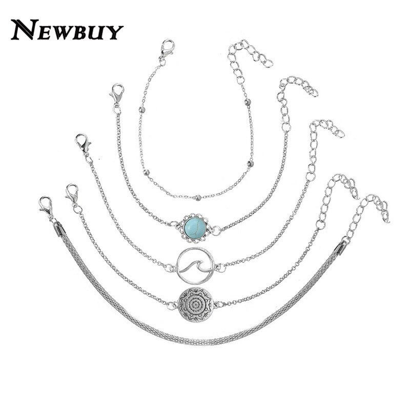 Nykøb 5 stk/sæt vintage sølvfarvede boheme armbånd wave geometrisk charme armbånd til kvinder fest smykker