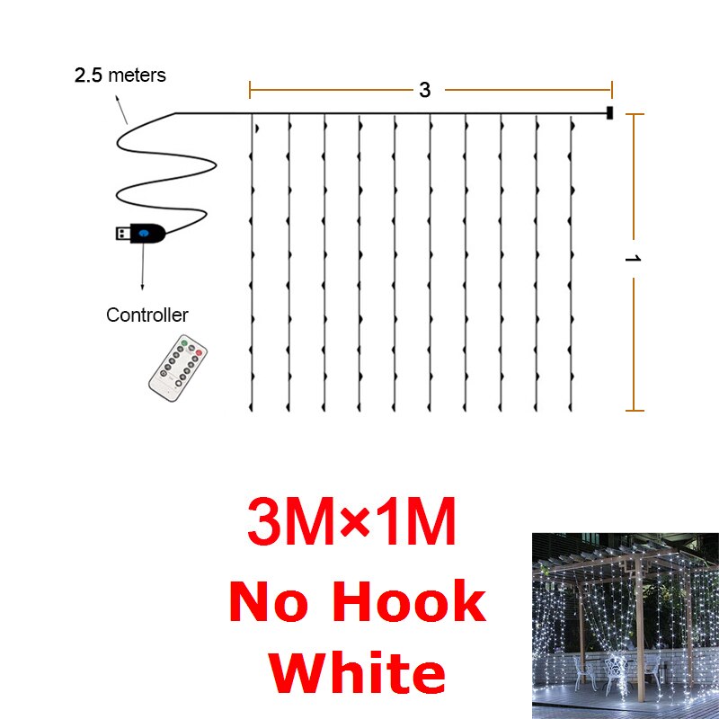 LED Gypsophila Icicle Rainbow Curtain String Lights Remote Control Bedroom Decor Fairy Light USB Power Garlands for Wedding Xmas: White 3x1M