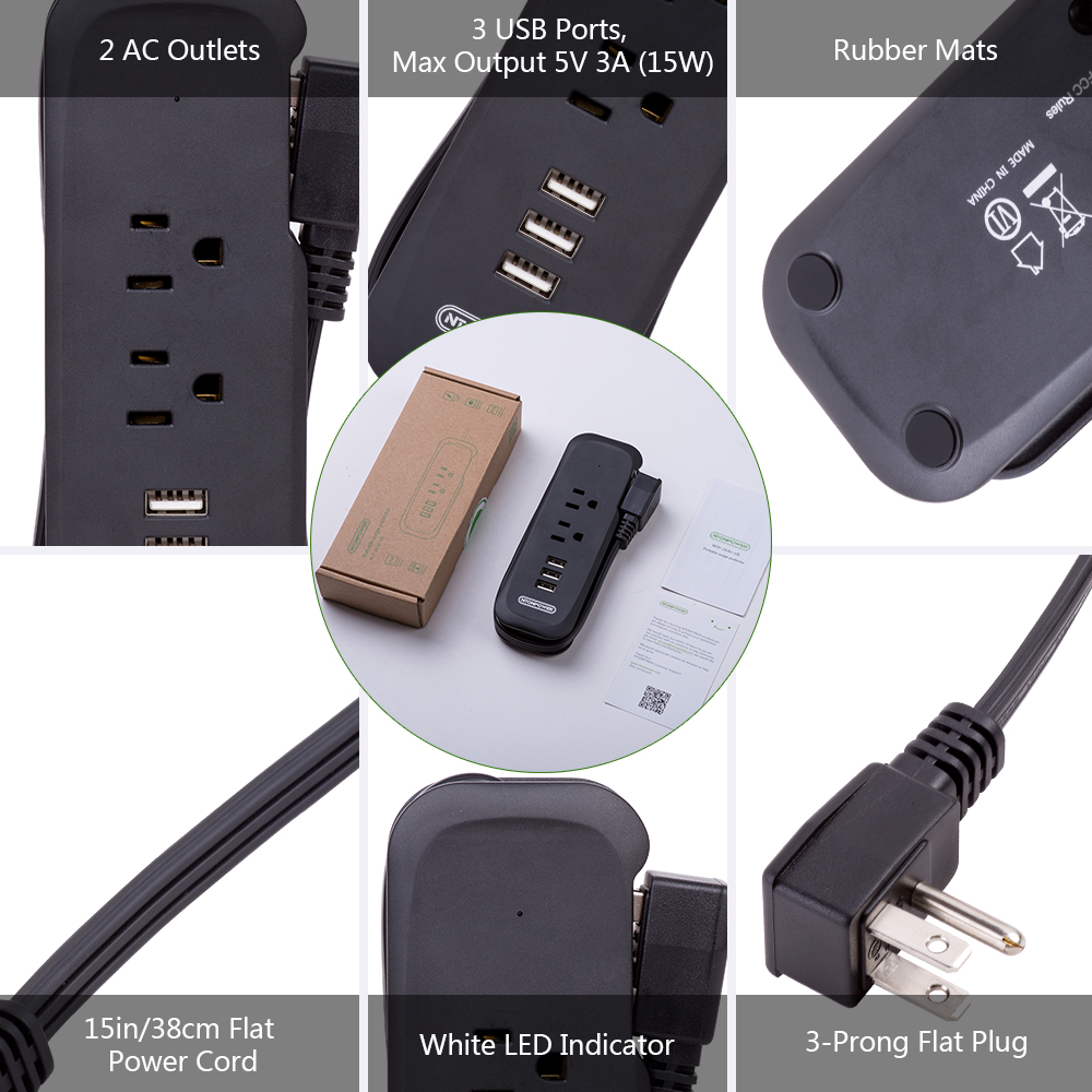 NTONPOWER Travel Power Strip met USB ONS Elektrische Platte Stekker Mini Desktop Opladen met 15 inch Verlengsnoer voor Cruise