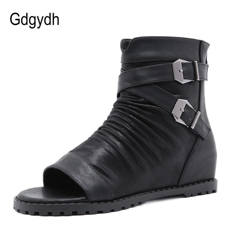 Gdgydh Frühjahr Herde Frauen Stiefeletten Offene spitze Zunehmende Fersen Weibliche Schuhe Metall Schnallen Zurück Reißverschluss Keile Damen Schuhe