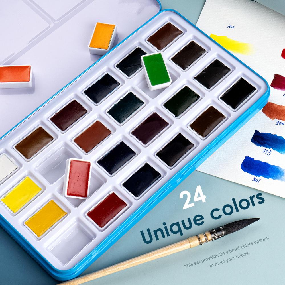 Paul Rubens Caroline 24 Kleuren Student Grade Solid Aquarel Set, Met Een Mentale Doos (Blauw), geschikt Voor Student En Kunstenaar