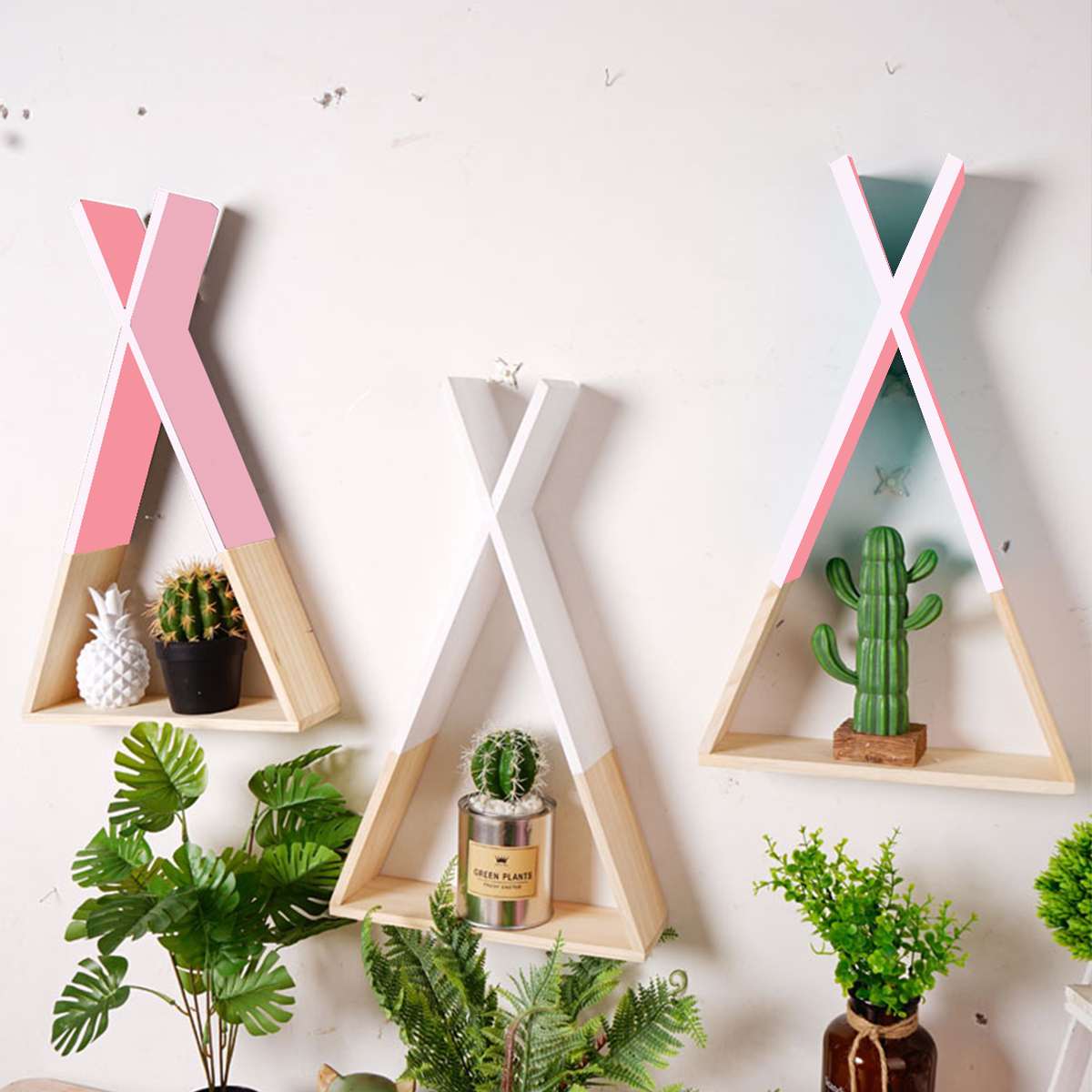 Vitrina de madera con marco triangular de pared, soportes de almacenamiento, estantes, decoración para sala de estar, dormitorio, niños, estante de almacenamiento en habitación