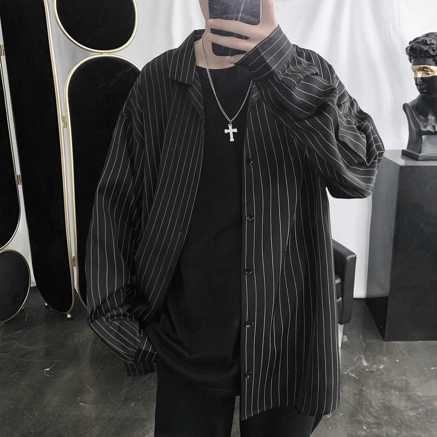 Camisa de vestir a la para hombres, camisa informal de negocios para la sociedad para hombres, Camiseta holgada salvaje de manga larga, camisas a rayas, M-2XL para hombres: black / L