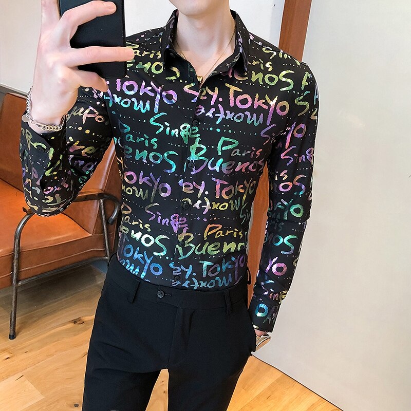 Färgglad tryckskjorta män höst vinter långärmade smokingskjortor casual slim fit streetwear herrkläder 3xl