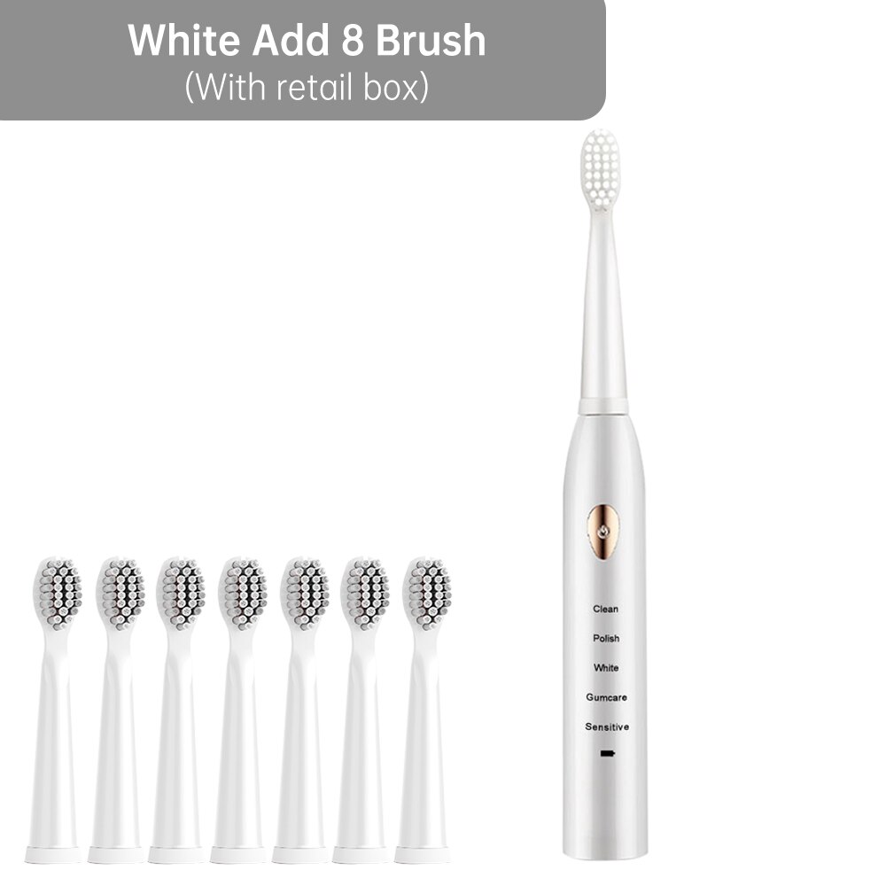 5 modus Smart Elektrische Zahnbürste Automatische Ultra sonic Sonic Zahnbürste Erwachsene IPX7 Wasserdichte USB Aufladbare Zähne Pinsel: White 8 Brush