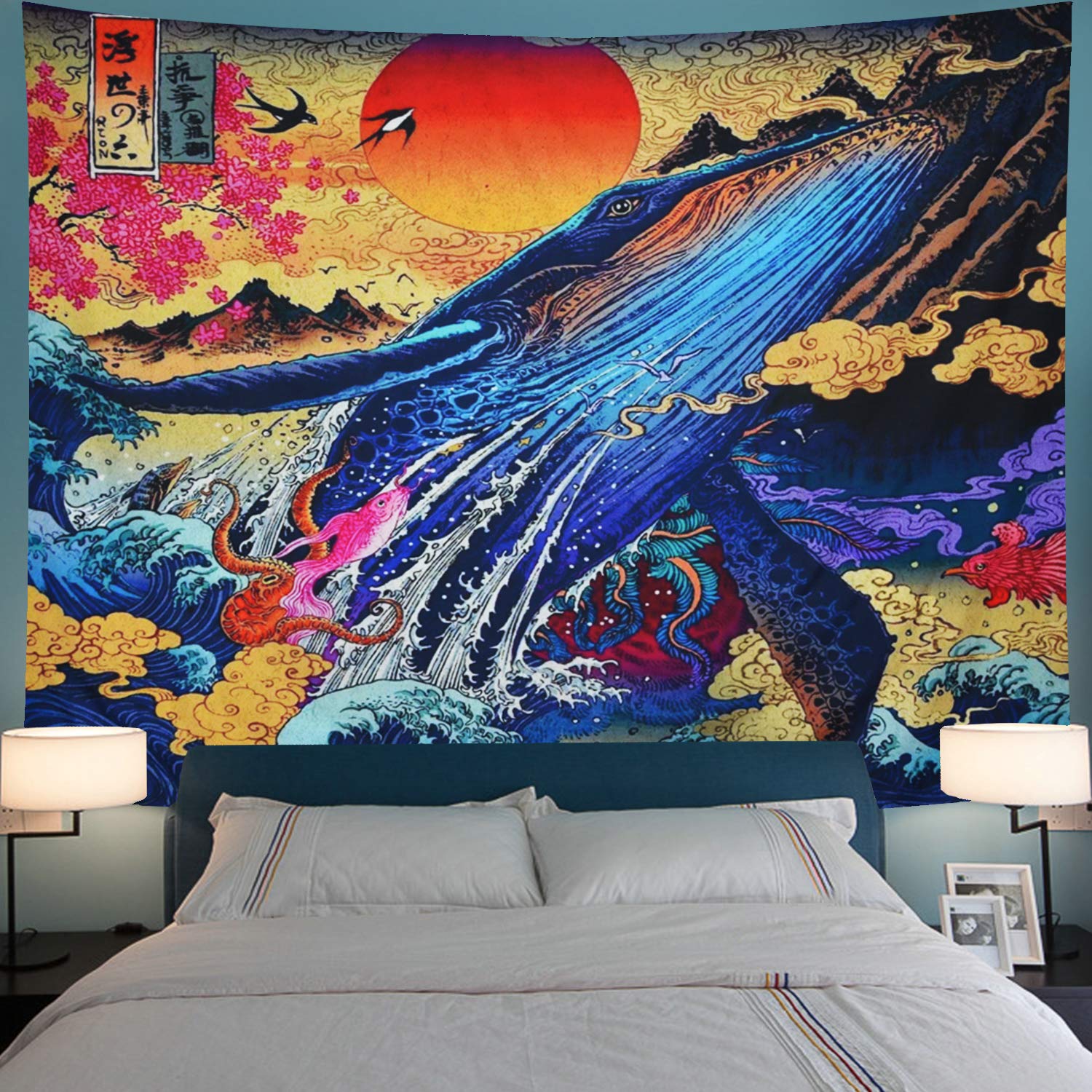 Zonsondergang Grote Golf Walvis Tapestry Japanse Kunst Oceaan Landschap Muur Opknoping