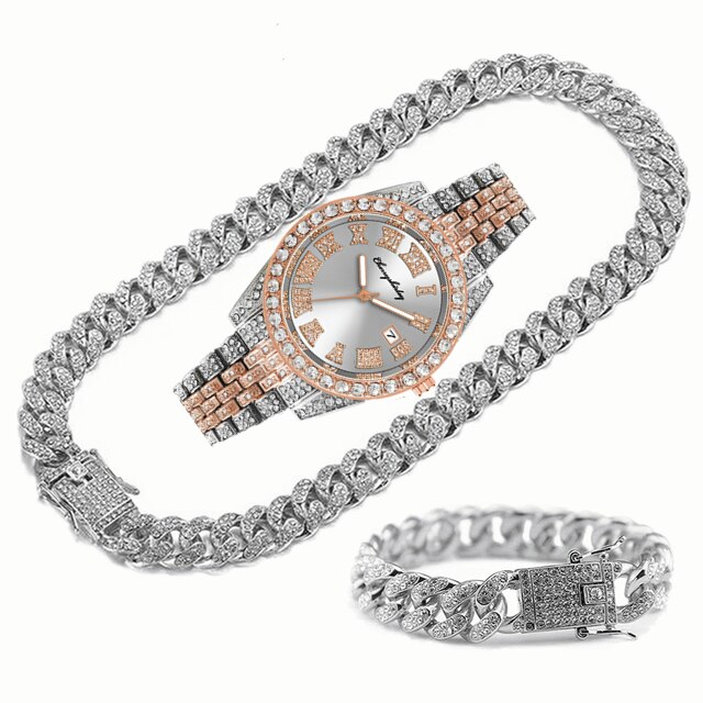 Montre entièrement glacée pour hommes, Bracelet, collier, ras du cou, bijoux bling-bling, grande chaîne en or, Hip Hop, ensemble de montre