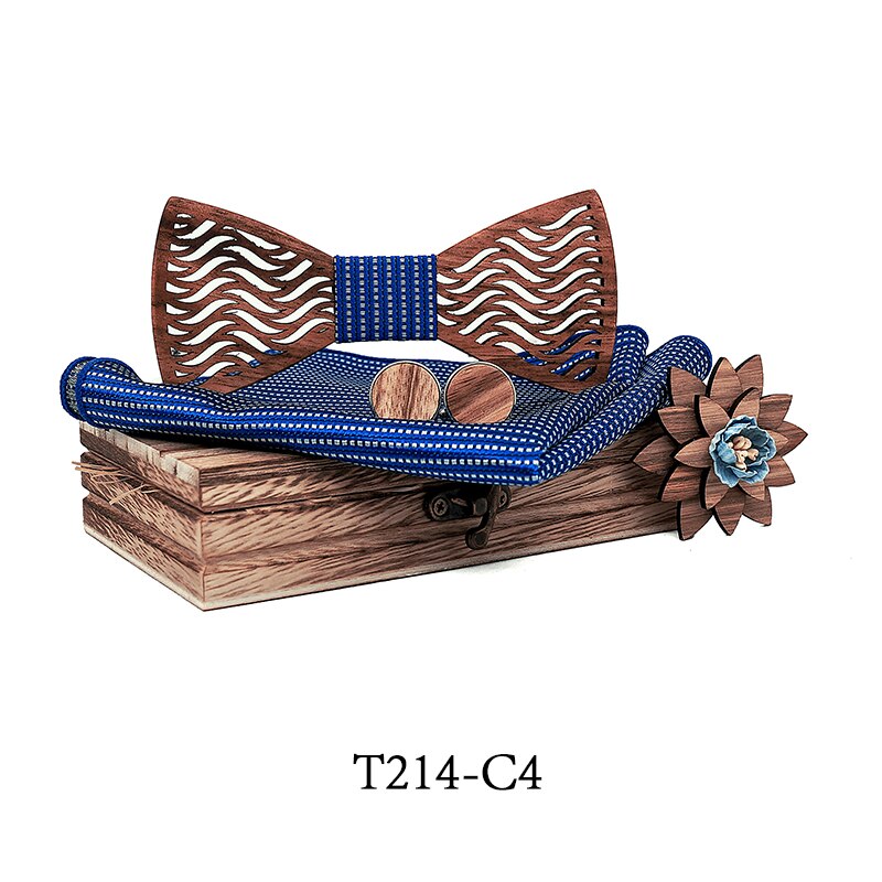 Nowy projekt drewniane drewno wydrążjeden muszki muszka z kieszonką kwadratowe spinki robić mankietów broszka dla mężczyzn zestaw upominków na boże narodzenie z pudełkiem krawaty: T214-C4