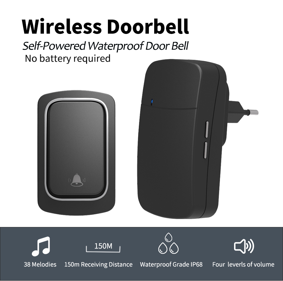VIDEW Wireless Doorbell No Battery Required Doorbell with Chime IP68 Waterproof Self-Powered Door Bell Home Cordless Timbre Call: 1Button1Receiver-B / UK plug
