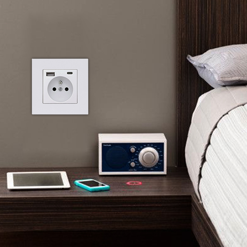 USB Type C Pop Socket French | German Electrical Plug White Panel Wall Power Socket Russian, 2100mA USB-C Fast Charging Outlet