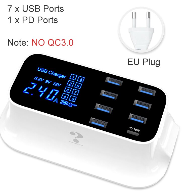 Goojodoq Quick Charge 3.0 40W 8-Port Usb Charger/Type C/Pd Charger Smart Led Display usb Snel Opladen Adapter Voor Telefoon Tablet