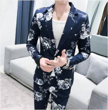 Efterår hvid herre jakkesæt todelt sæt slim jakkesæt blazer jakke & bukser: Marine blå / Xxl