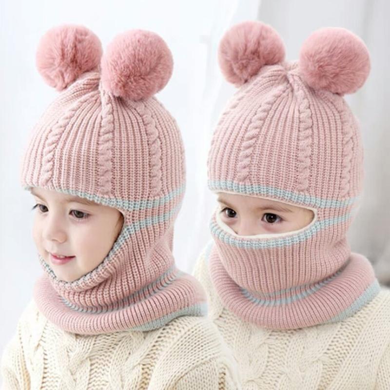 Chapeau d'automne et d'hiver pour filles | Bonnet pour enfants, bonnet en tricot, chapeau à Double boule en laine, chapeau à bretelles un pour enfants, chapeaux d'hiver,: Bleu