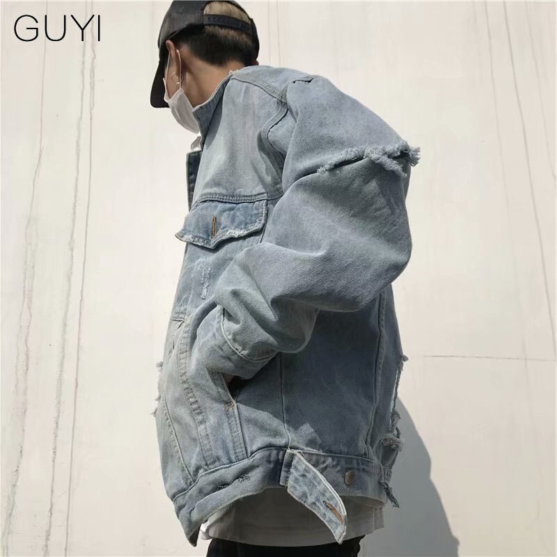 GUYI Retro carta rasgada chaquetas de mezclilla hombres de gran tamaño de manga larga agujero prendas de vestir y abrigos de Streetwear chaquetas de Hip Hop Casual